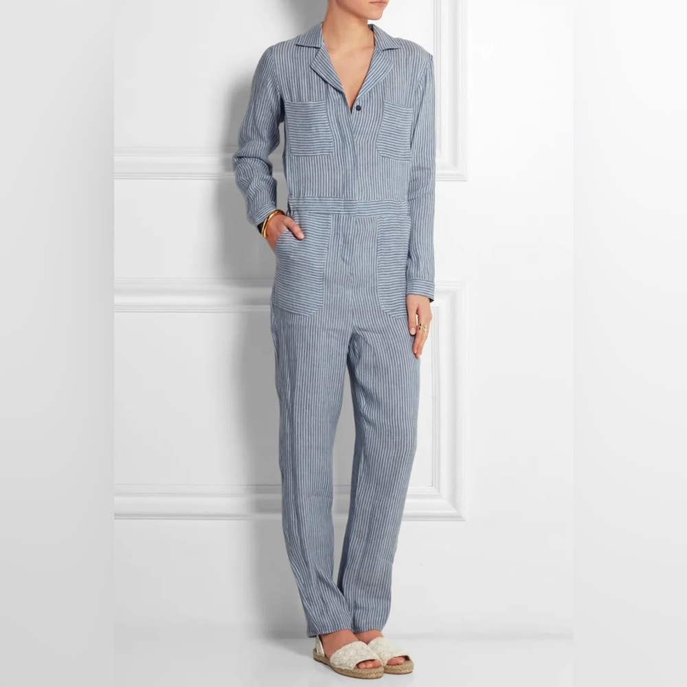 Paul & Joe Jumpsuit/ blue and white striped/ Linen w/ pockets / Sz French 40